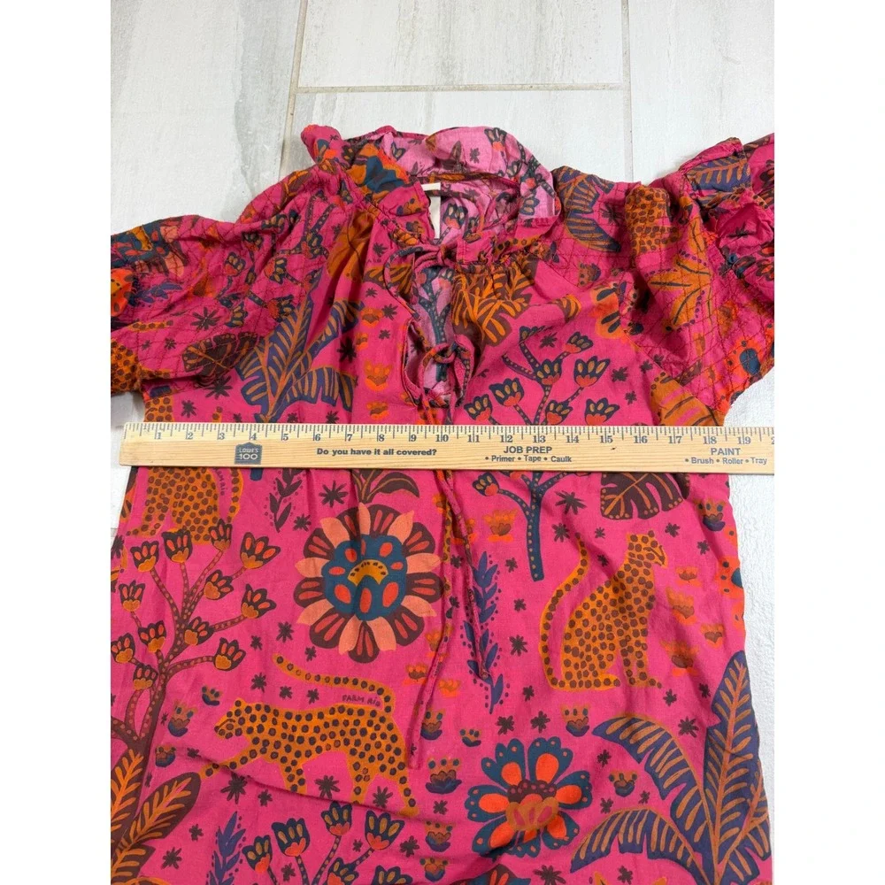Farm Rio for Anthropologie Pink Tropical Leopard Print Tie Front Blouse Small